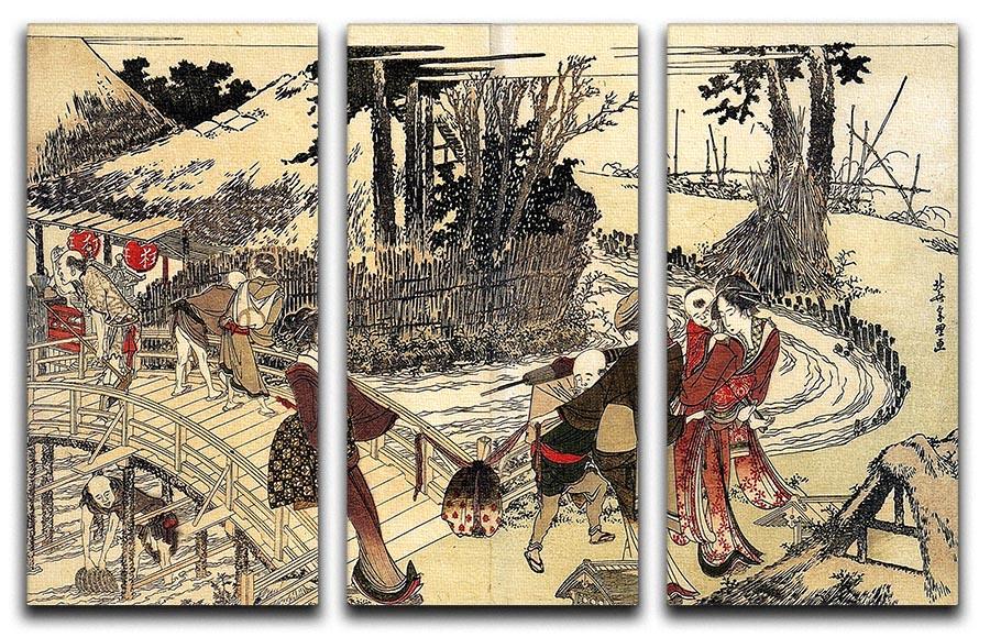 Three-panel canvas print featuring Hokusai's Village near a bridge, showcasing serene landscape art.